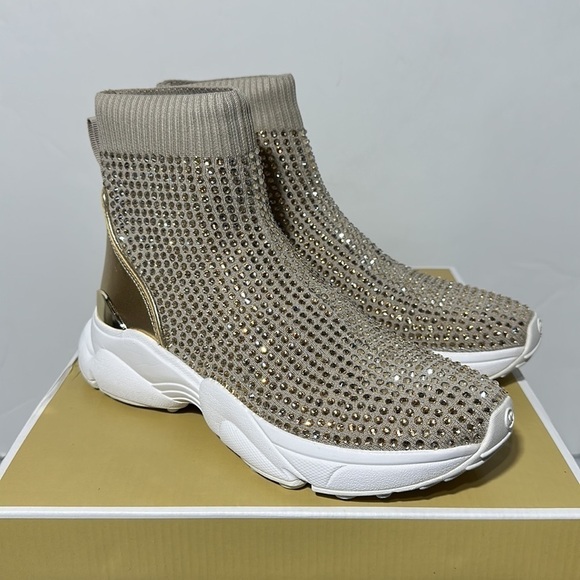 Michael Kors Katrina stretch knit bootie hot fix stones embellished sparkly gold - Picture 4 of 12